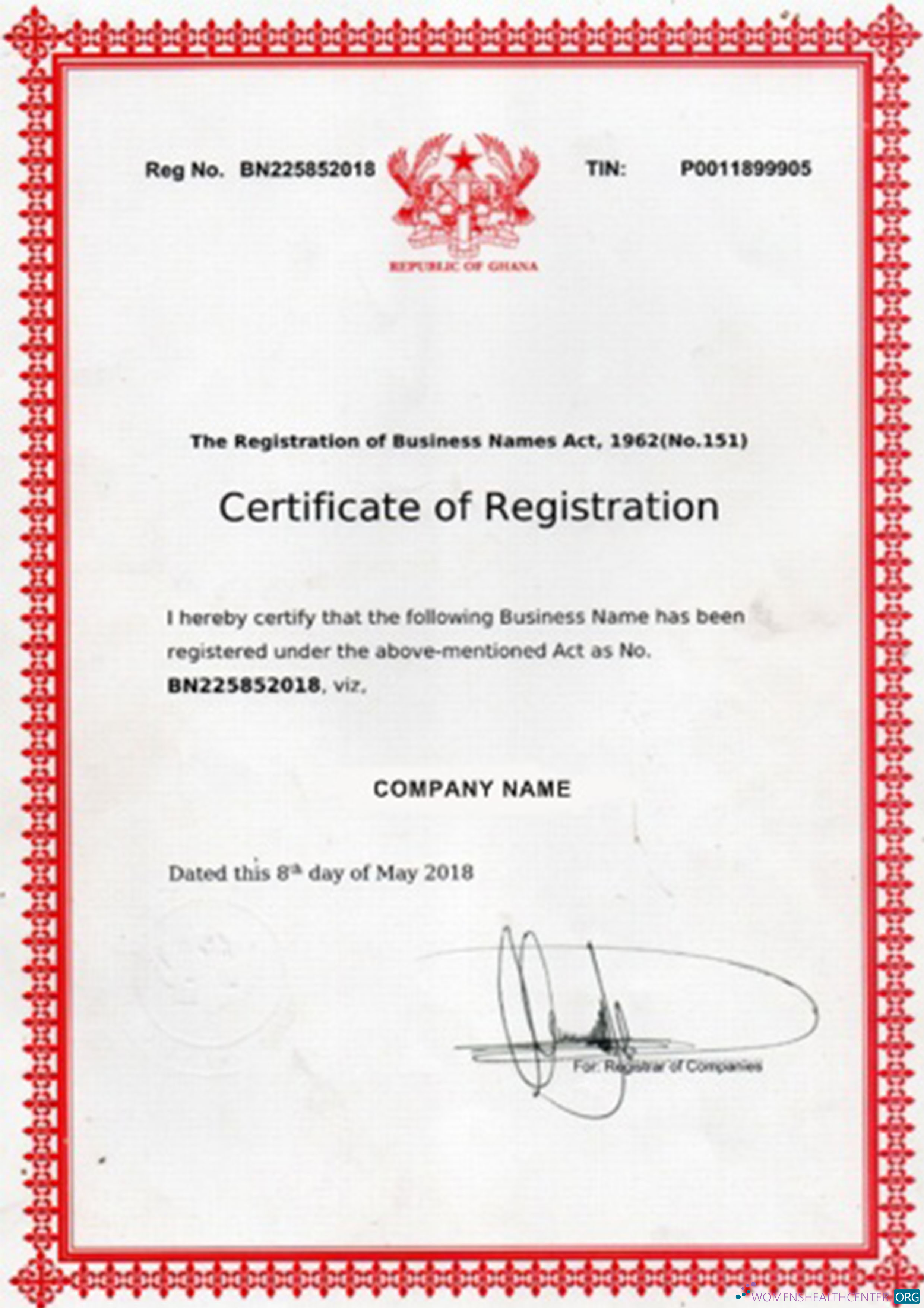 Download Ghana Certificate of Registration Photoshop template